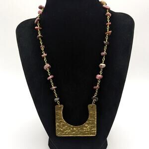 Beljoy Semi-Precious Pink Gemstone Beaded Gold Tone Geometric Pendant Necklace